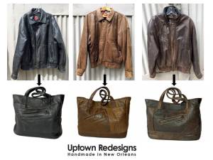 Before and After of upcycled leather bags
